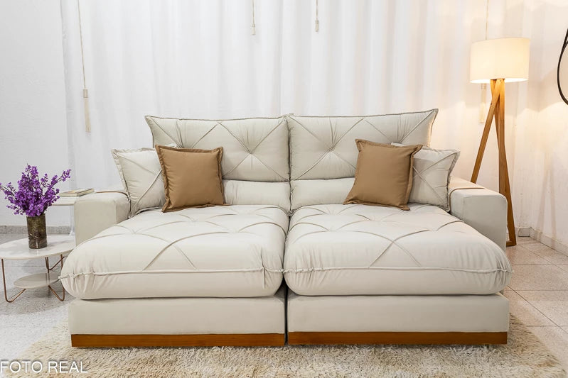Sofá Retrátil Reclinável 2.30m Gran Bello Veludo Bege - D33 e Molas Ensacadas - Móveis furniture