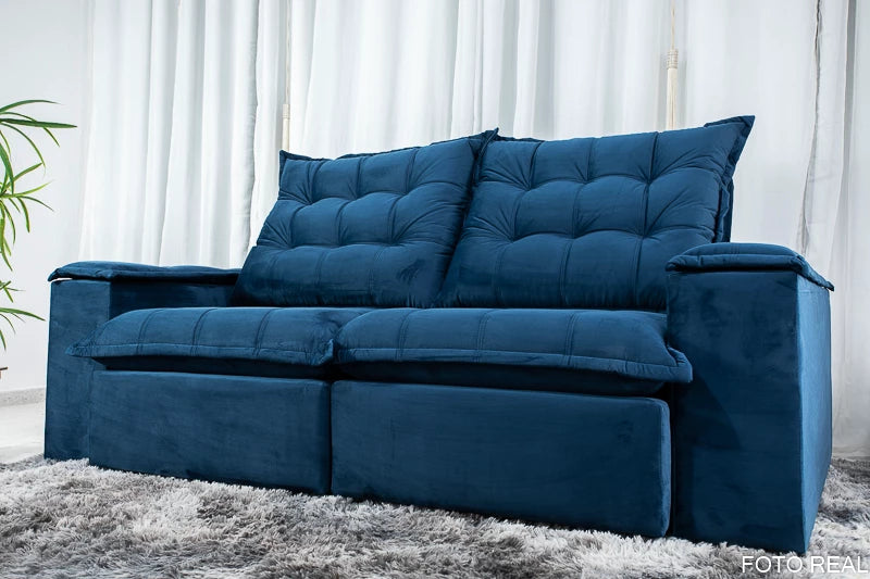 Sofá Retrátil Reclinável Atenas 2.10m Veludo Azul 800 D33 e Molas Ensacadas - Móveis furniture