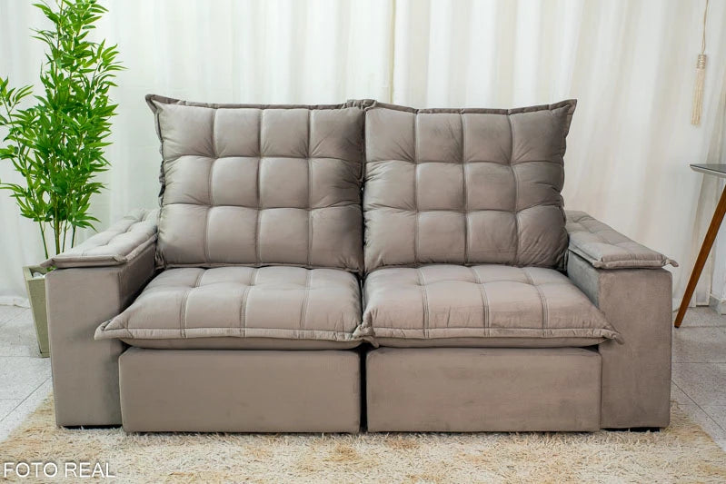 Sofá Retrátil Reclinável Atenas 2.10m Veludo Cinza 813 D33 e Molas Ensacadas - Móveis furniture