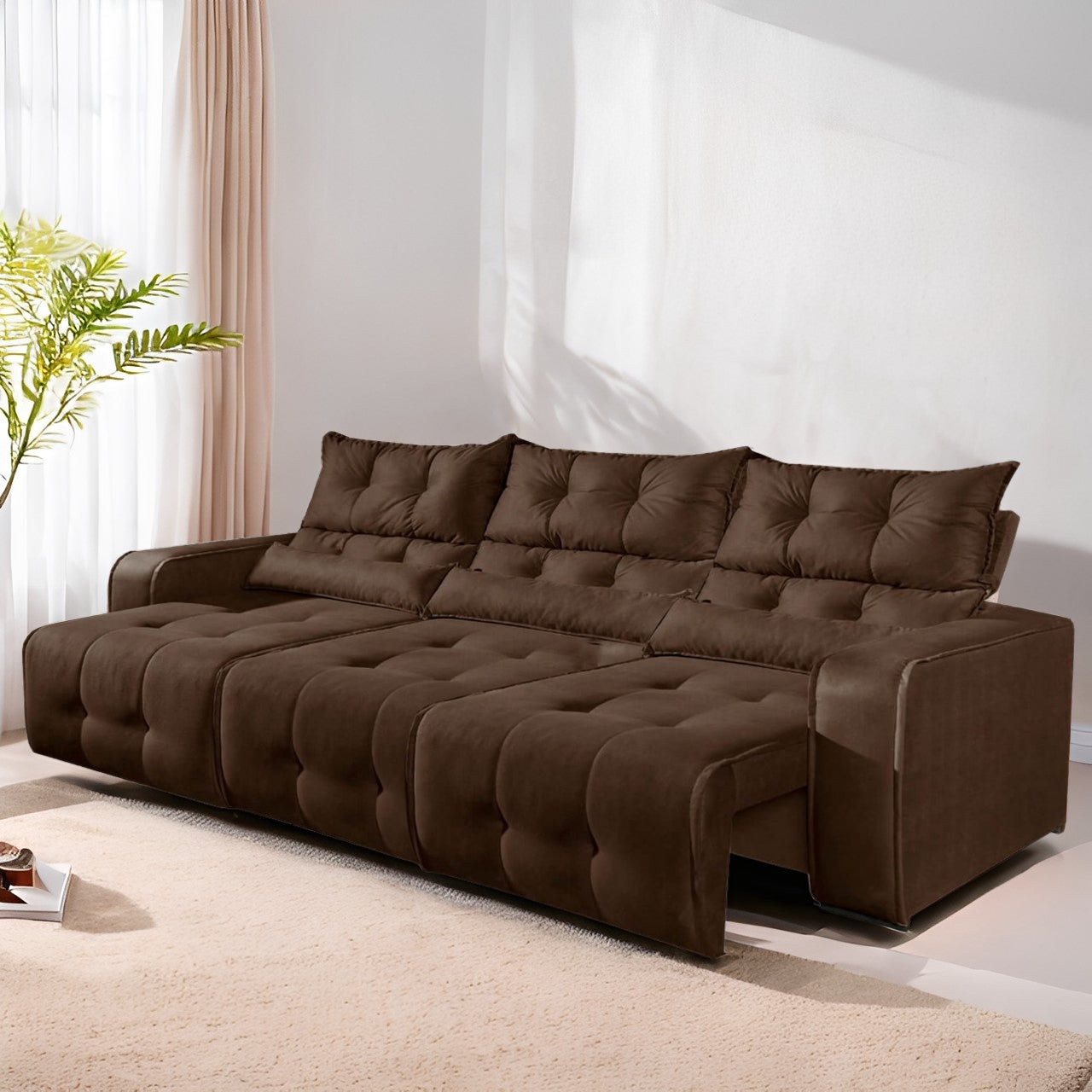 Sofá Retrátil e Reclinável Premier/Minas 2,50 m Veludo Marrom – DECORAR ESTOFADOS