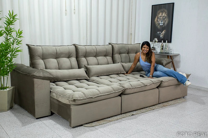 Sofá Retrátil Reclinável Kapri 3.20 Veludo Capuccino 536 - Molas Bonnel e Poliéster Siliconado - Móveis furniture