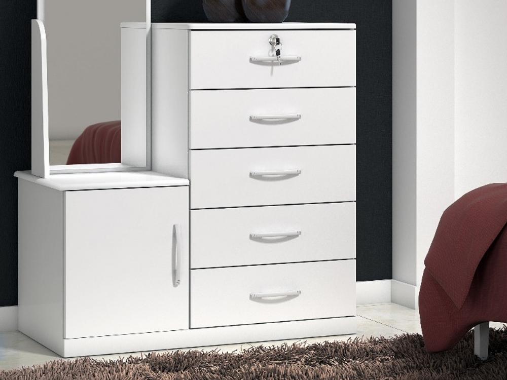 Cômoda 5 gavetas 1 porta e Espelho Ref.: 019 – Branco - Móveis furniture