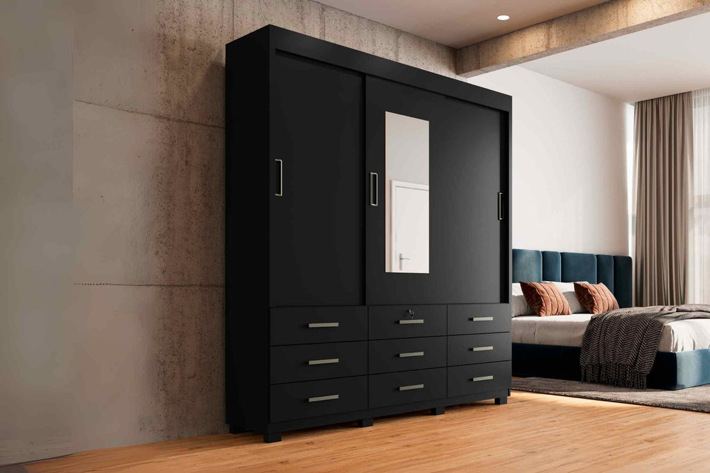 Guarda-Roupa Itapema  3 portas de correr com espelho 9 gavetas - preto