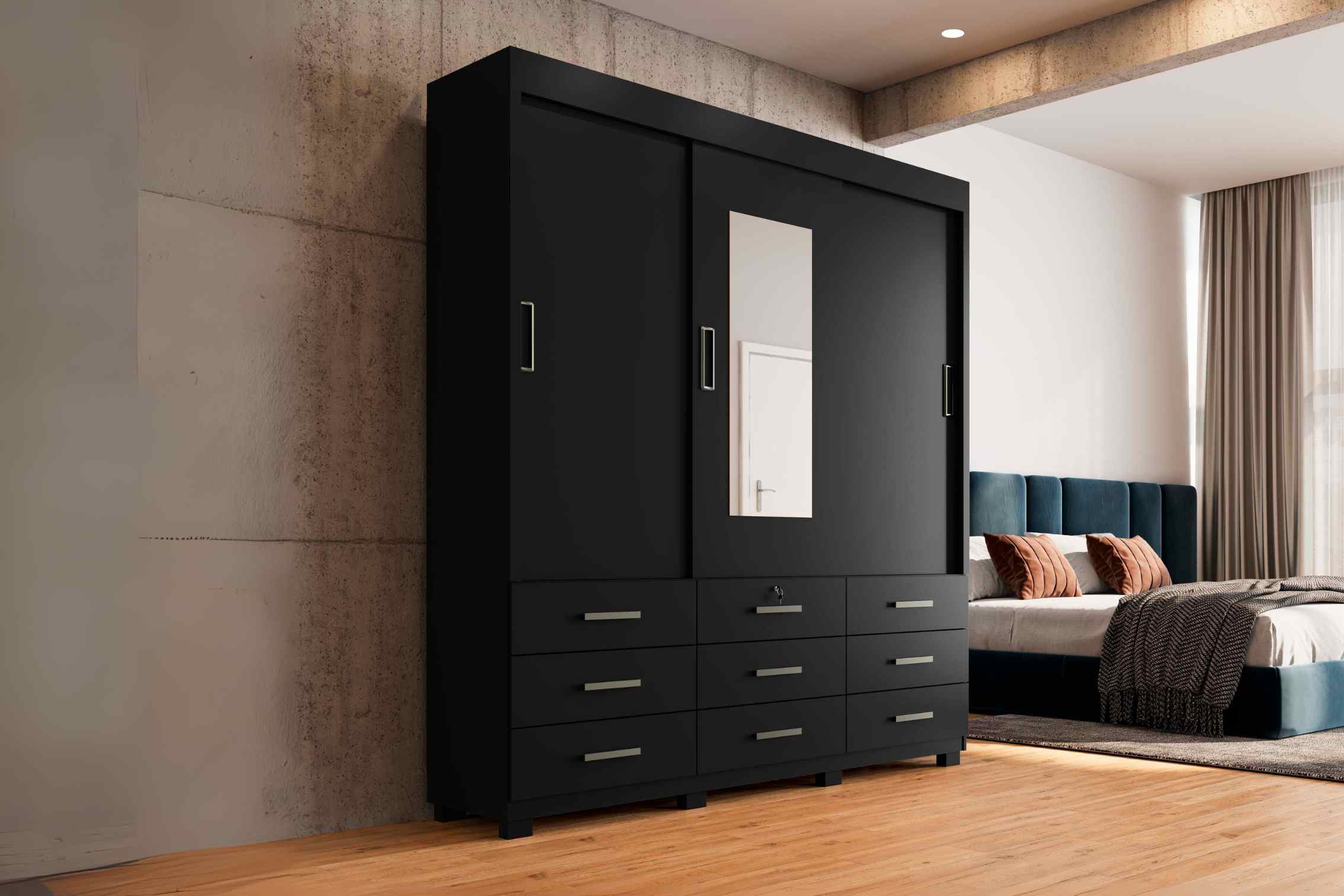 Guarda-Roupa Itapema  3 portas de correr com espelho 9 gavetas - preto