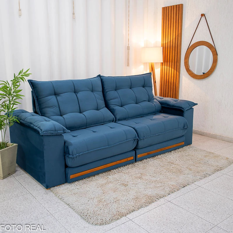 Sofá Retrátil Reclinável Barcelona 2.30m Veludo Azul - D33 e Molas Ensacadas
