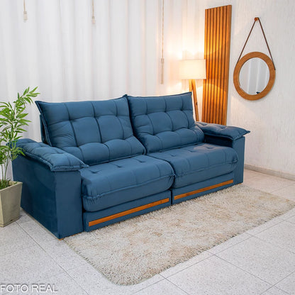 Sofá Retrátil Reclinável Barcelona 2.30m Veludo Azul - D33 e Molas Ensacadas