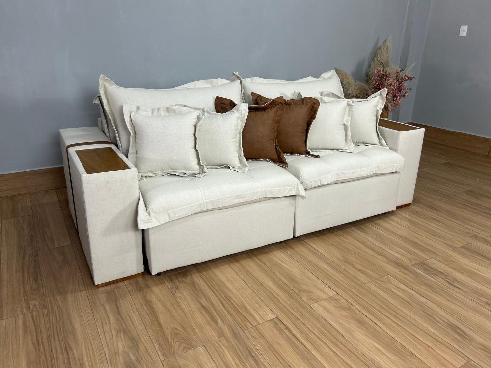 Sofá Cama Retrátil Reclinável Gabriella 2,10m Mod.80 – Bege Linho / Marrom Courino