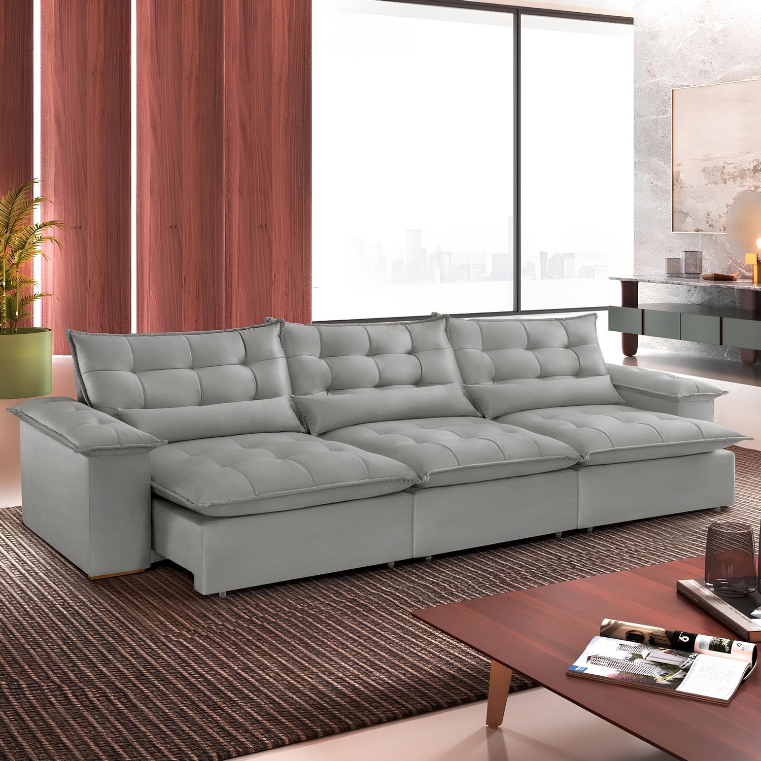 Sofá Retrátil e Reclinável Niger 3,10 m Veludo Cinza B010 – TREVO ESTOFADOS