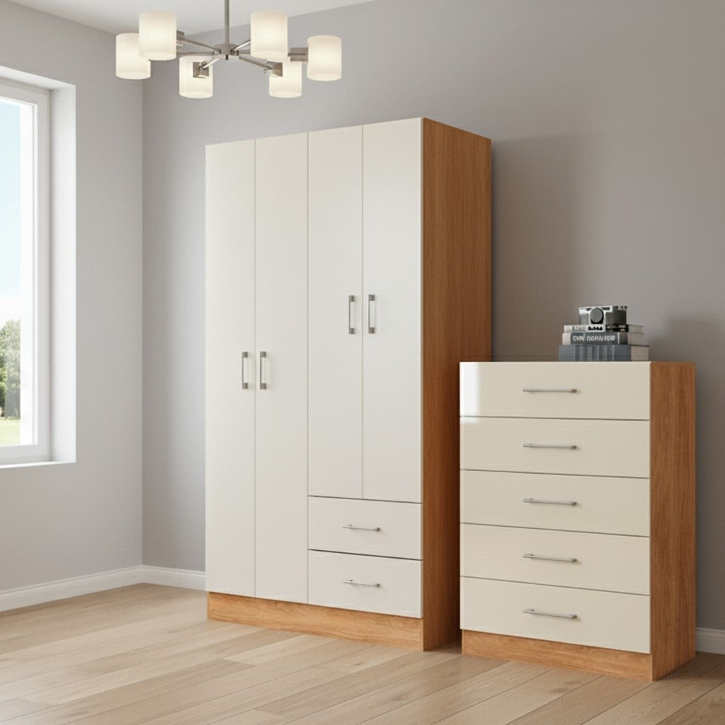 Guarda-Roupa 4 Portas Panamá 4002 + Cômoda 5 Gavetas Aruba Cinamono/Off White – FELLICCI