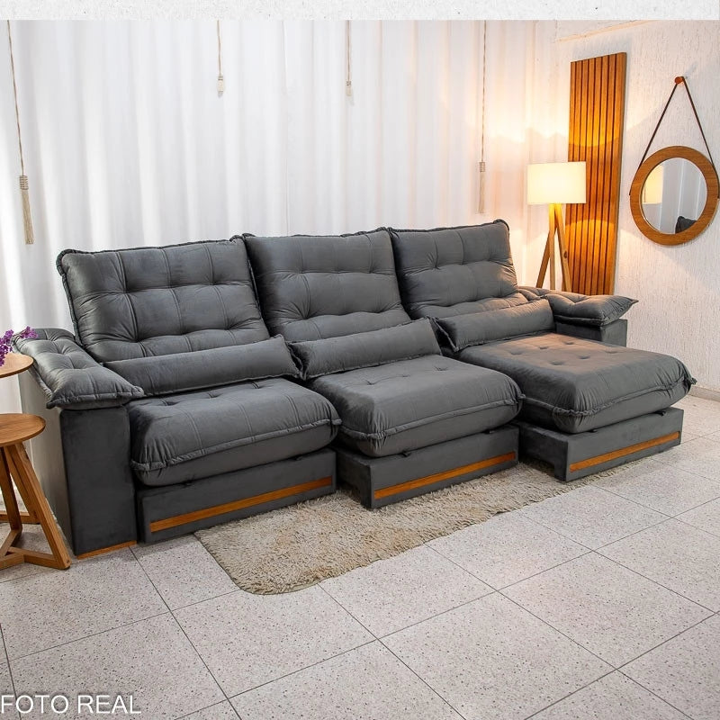 Sofá Retrátil Reclinável Istambul 3.20m Veludo Cinza 403 - Espuma D33