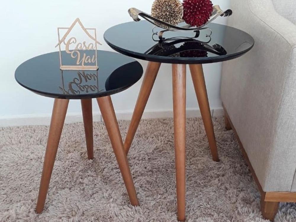 Conjunto de Mesa de Apoio e Centro Sparta tampo com vidro – Preto - Móveis furniture