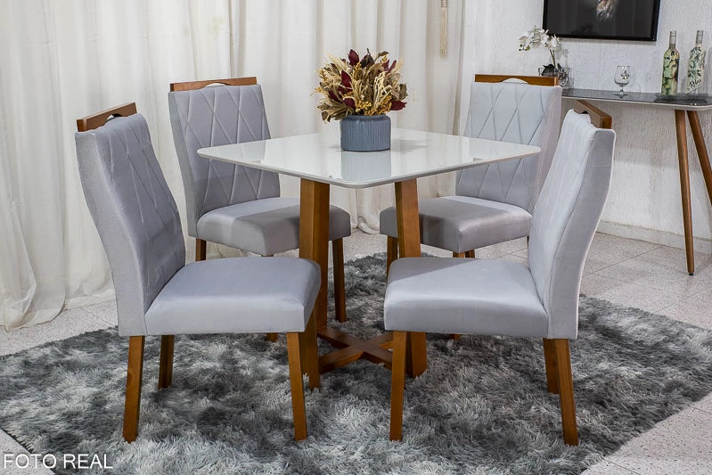 Mesa de Jantar Pedro Mel Tampo Vidro Off 90×90 4 Cadeiras Lisboa Veludo Prata - Móveis furniture