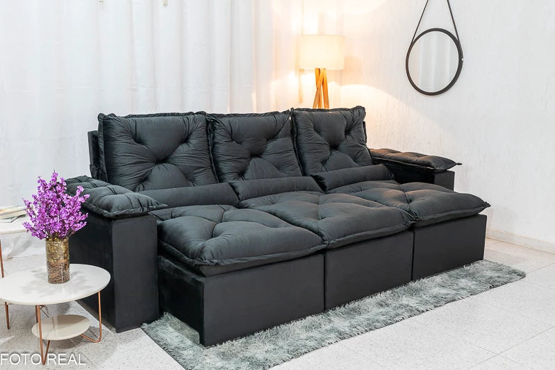 Sofá Retrátil Reclinável 2.70m Texas Veludo Preto - Móveis furniture