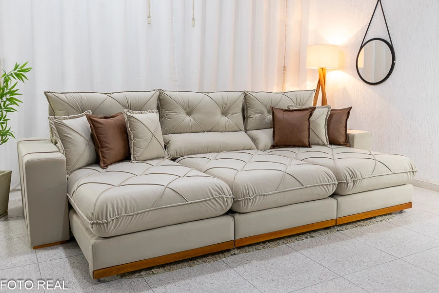 Sofá Retrátil Reclinável Gran Bello 3.20m Veludo Bege - D33 e Molas Ensacadas