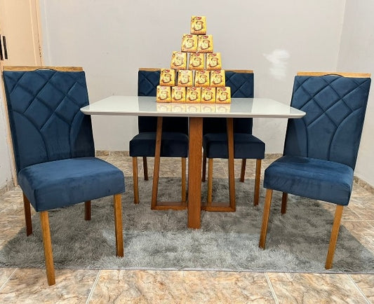 Mesa Pedro 120 Mel/Off White com 4 Cadeiras Stella Veludo Azul - Móveis furniture