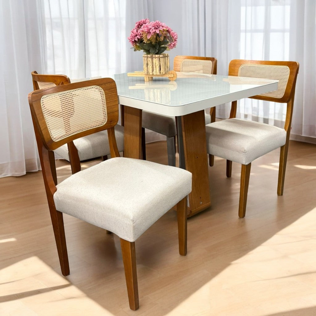 Mesa Sintonia (Tampo Maxi) 120 Amêndoa Clean/Off White com 4 Cadeiras Alasca Linho Bege – LOPAS + HR MOVELARIA