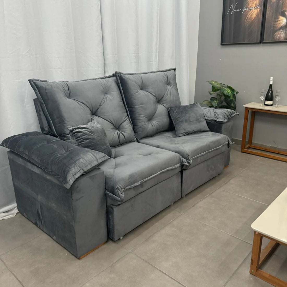 Sofá Porto Madero 3 Lugares Retrátil e Reclinável 200cm Tecido Veludo CINZA CHUMBO