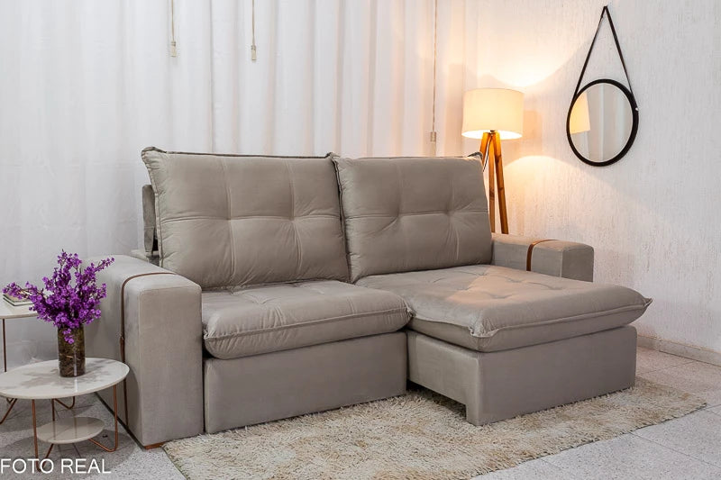 Sofá Retrátil Reclinável 2.50m Santiago Veludo Bege 525 - Molas Ensacadas