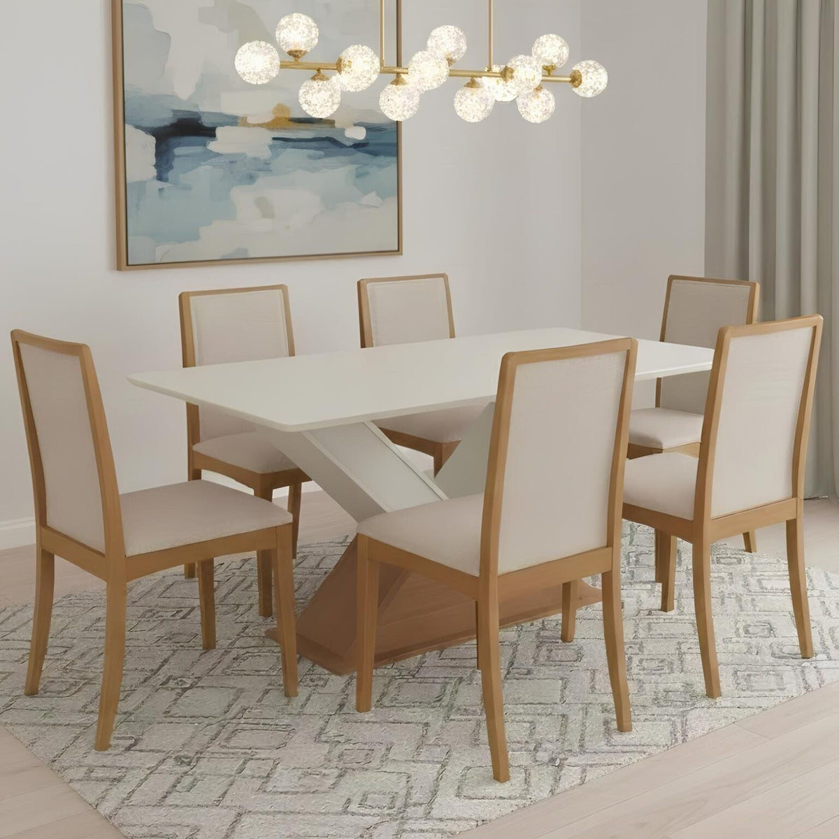 Mesa Amora BA35 160 Canela/Off White com 6 Cadeiras Lara 2CMM007CA Linho Areia – KAPPESBERG