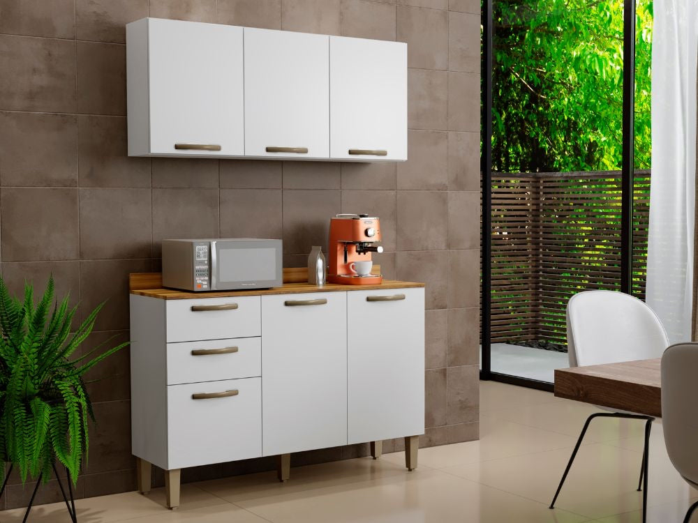 Combo Armário de Cozinha Aéreo 3 portas + Balcão 1.20 Valência – Branco - Móveis furniture