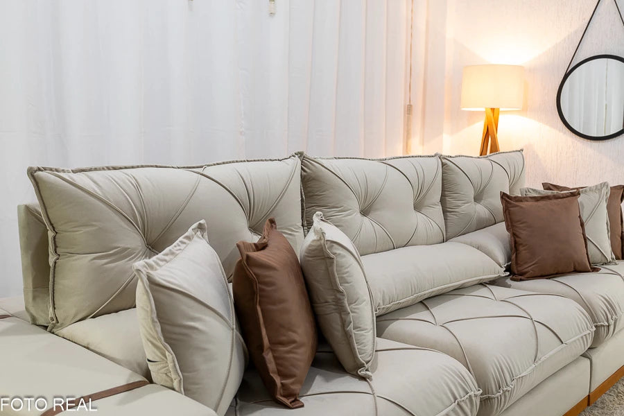 Sofá Retrátil Reclinável Gran Bello 3.20m Veludo Bege - D33 e Molas Ensacadas