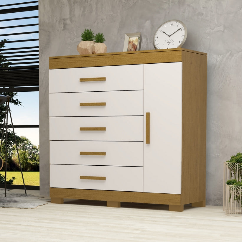 Cômoda 5 Gavetas com Sapateira Rayane Cinamono/Off White – ACP MÓVEIS - Móveis furniture