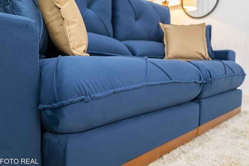 Sofá Retrátil Reclinável 2.30m Gran Bello Veludo Azul - D33 e Molas Ensacadas