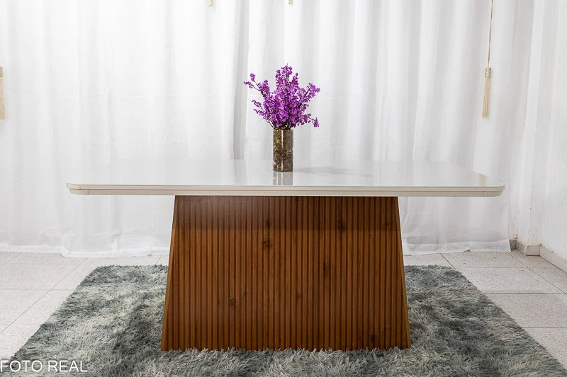 Mesa Jantar Luna Imbuia Tampo Vidro Off Canto Copo 180×90 6 Cadeiras Alegra Veludo Creme Madeira Maciça Rufato - Móveis furniture