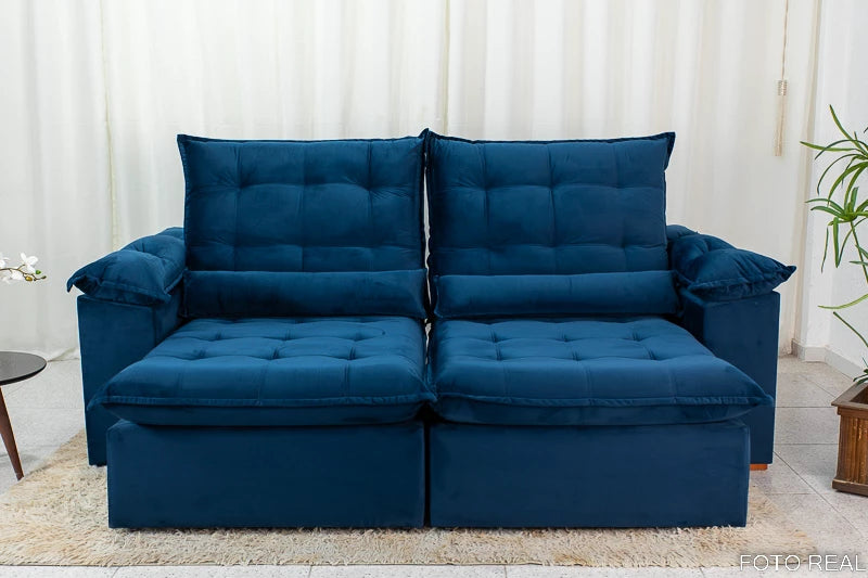 Sofá Retrátil Reclinável 2.90m Emanuelly Veludo Azul - Móveis furniture