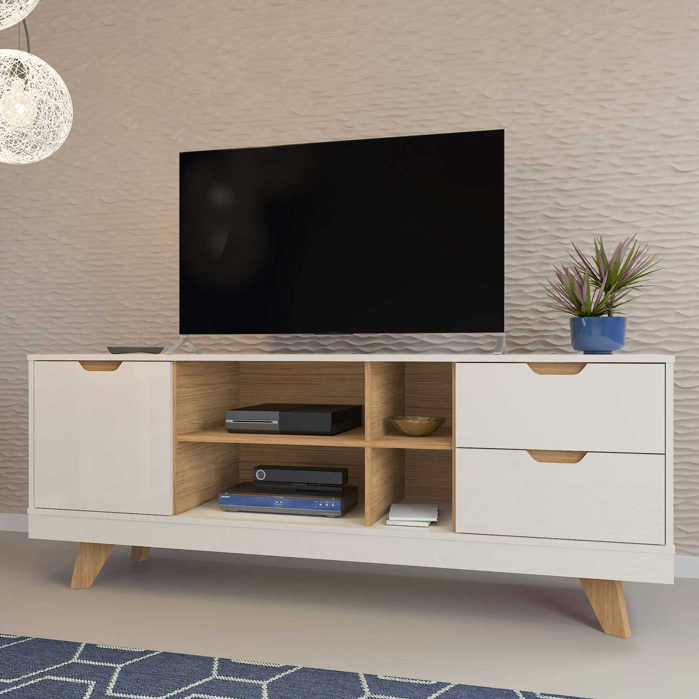 Rack Michigan 01 Porta 02 Gavetas 1.60m – Off White/Carvalho