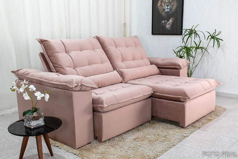 Sofá Retrátil Reclinável 2.90m Emanuelly Veludo Rose - Móveis furniture