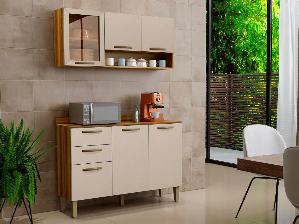 Combo Armário de Cozinha Aéreo 3 portas Reflecta + Balcão 1.20 Valência – Carvalho/ Off White - Móveis furniture
