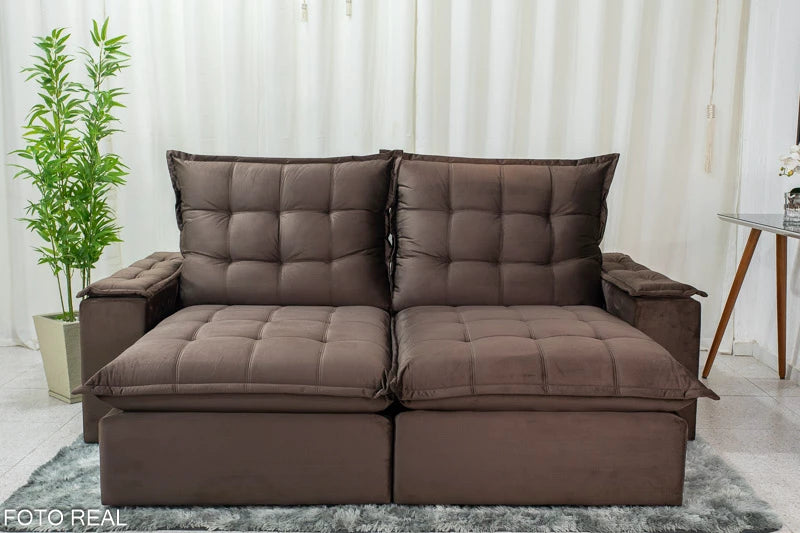 Sofá Retrátil Reclinável Atenas 2.10m Veludo Marrom D33 e Molas Ensacadas - Móveis furniture
