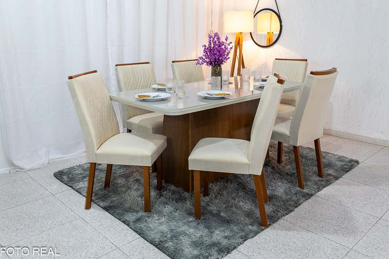 Mesa Jantar Luna Imbuia Tampo Vidro Off Canto Copo 180×90 6 Cadeiras Alegra Veludo Creme Madeira Maciça Rufato - Móveis furniture