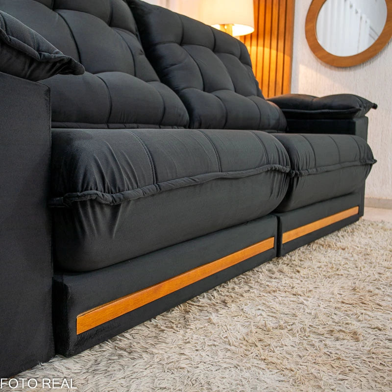 Sofá Retrátil Reclinável Barcelona 2.30m Veludo Preto - D33 e Molas Ensacadas