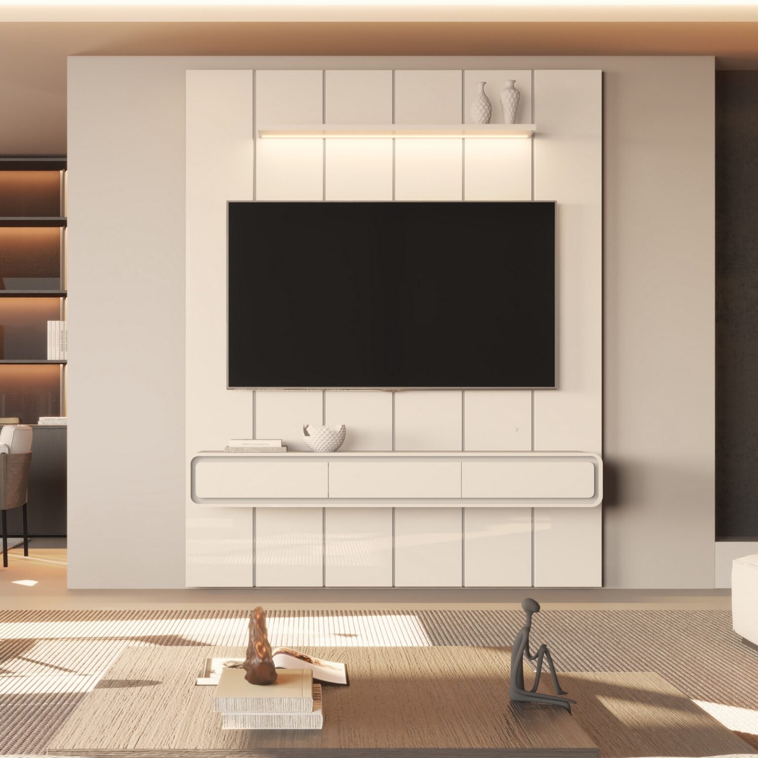 Painel até 75″ Lumi 1,88 m Off White + Nicho Liv 1,80 Off White – EDN MÓVEIS