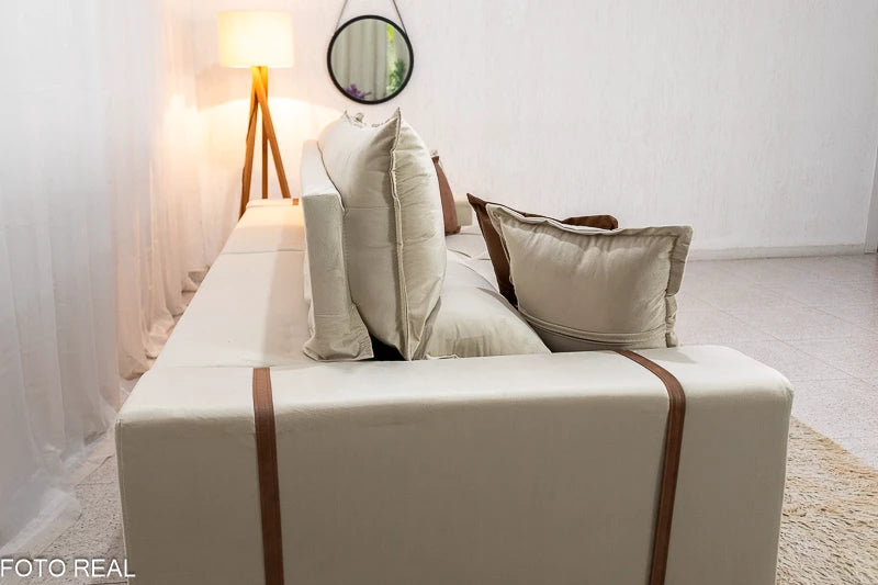 Sofá Retrátil Reclinável Gran Bello Veludo Bege Larg. 2.90m - D33 e Molas Ensacadas