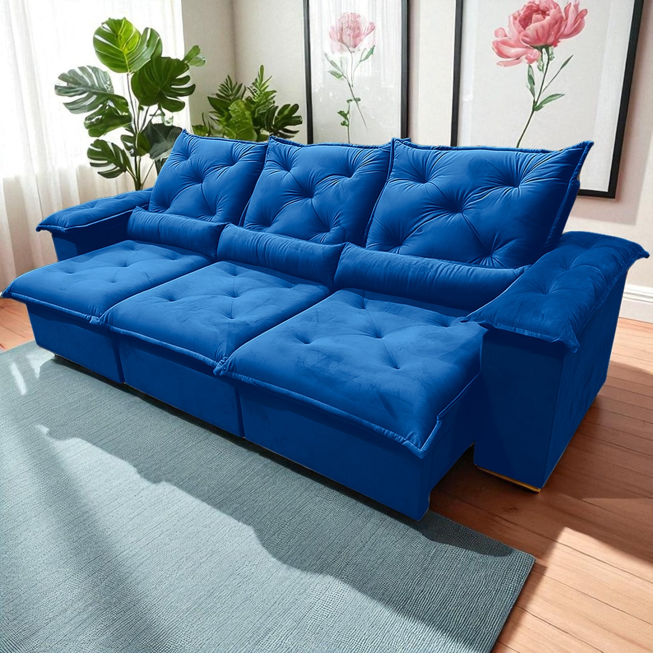 Sofá Retrátil e Reclinável Porto Madero 2,75 m Veludo Azul – IMPERIAL DECOR