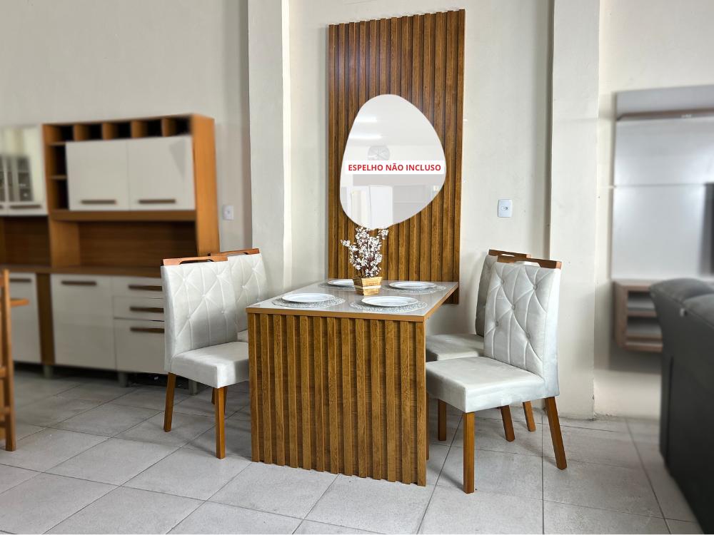 Mesa de Jantar + Painel Ripado Cancun 120×90 Com Vidro c/ 4 Cadeiras Lisboa