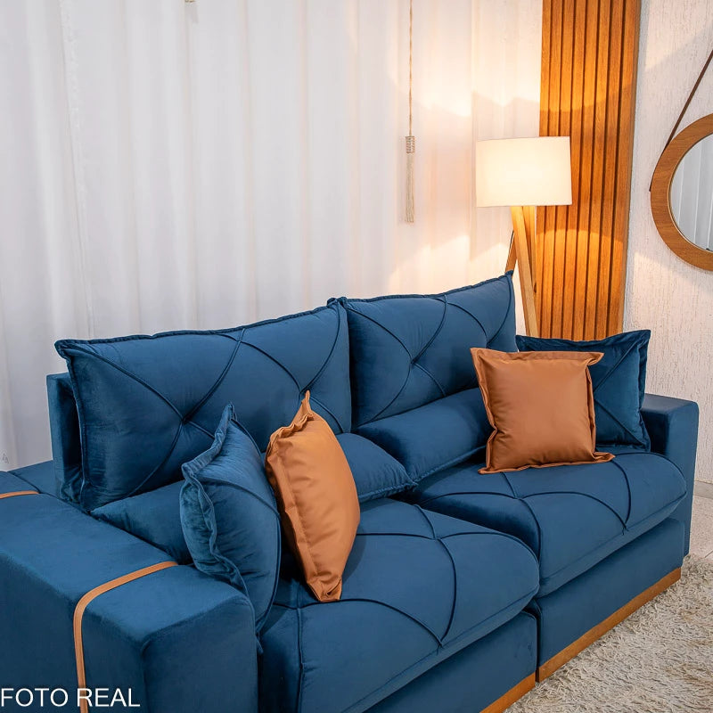 Sofá Retrátil Reclinável Gran Bello 2.30m Veludo Azul 03 - Molas Ensacadas Pocket