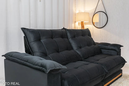 Sofá Retrátil Reclinável Barcelona 2.30m Veludo Preto - D33 e Molas Ensacadas