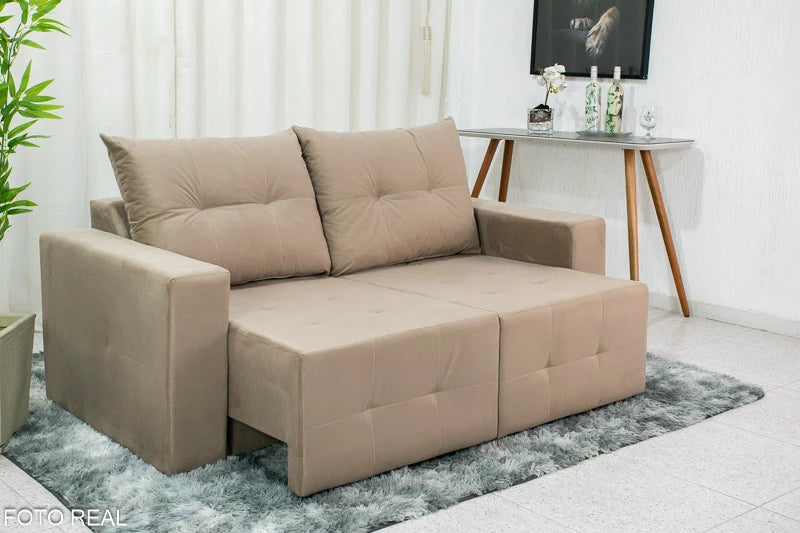 Sofá Retrátil 3 Lugares Havaí Larg. 1.80m Veludinho Bege 10 - Móveis furniture