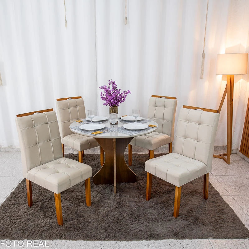 Mesa de Jantar Siena Redonda 100cm Vidro Off/Base Cinamomo + 4 Cad. Londres Veludo Avelã Madeira Minas Plac - Entregue Montada