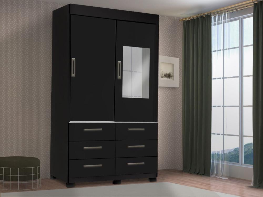 Guarda-Roupa Buzios 2 portas de correr com espelho 6 gavetas – Preto - Móveis furniture