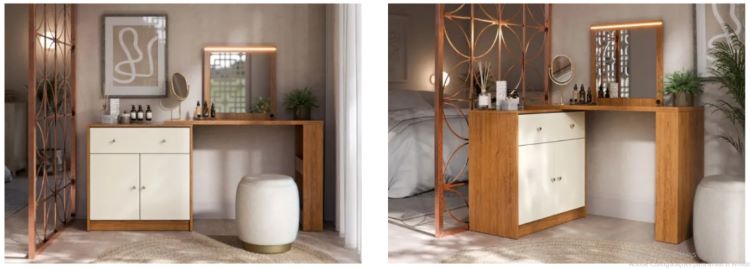 Camarim em "L" Aura 2P1G com Espelho Canela/Off White Mobler