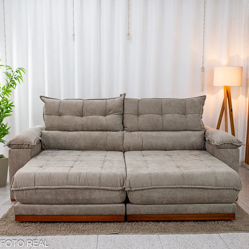 Sofá Retrátil Reclinável Itauna 2.30m Chenille Bege 574 D28 Soft - Molas Ensacadas