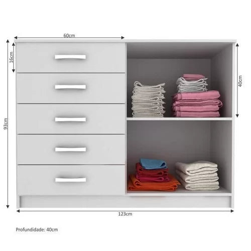 Cômoda 2 Portas 5 Gavetas Evidência Móveis Branco - Móveis furniture