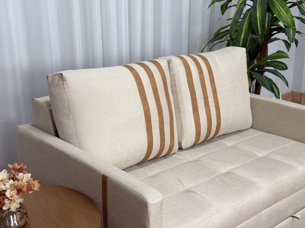 Sofa Cama Dominic 1.40m – Bege Linho/Marrom Courino
