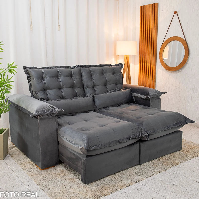 Sofá Retrátil Reclinável Maldivas 2.10m Veludo Grafite A15 - Espuma Pró Aditivada