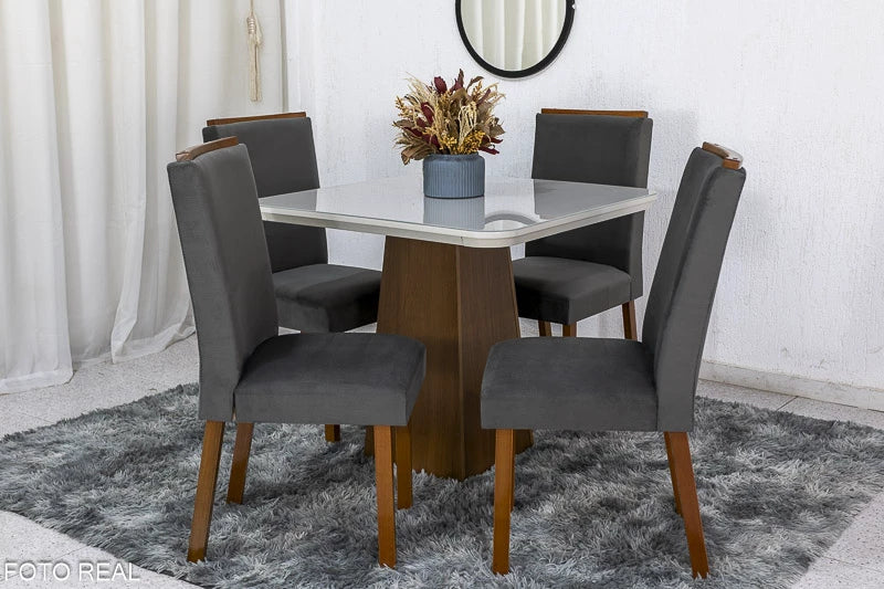 Mesa Jantar Luna Imbuia Tampo Vidro Off Canto Copo 90×90 4 Cadeiras Lunara Veludo Grafite Madeira Maciça Rufato - Móveis furniture